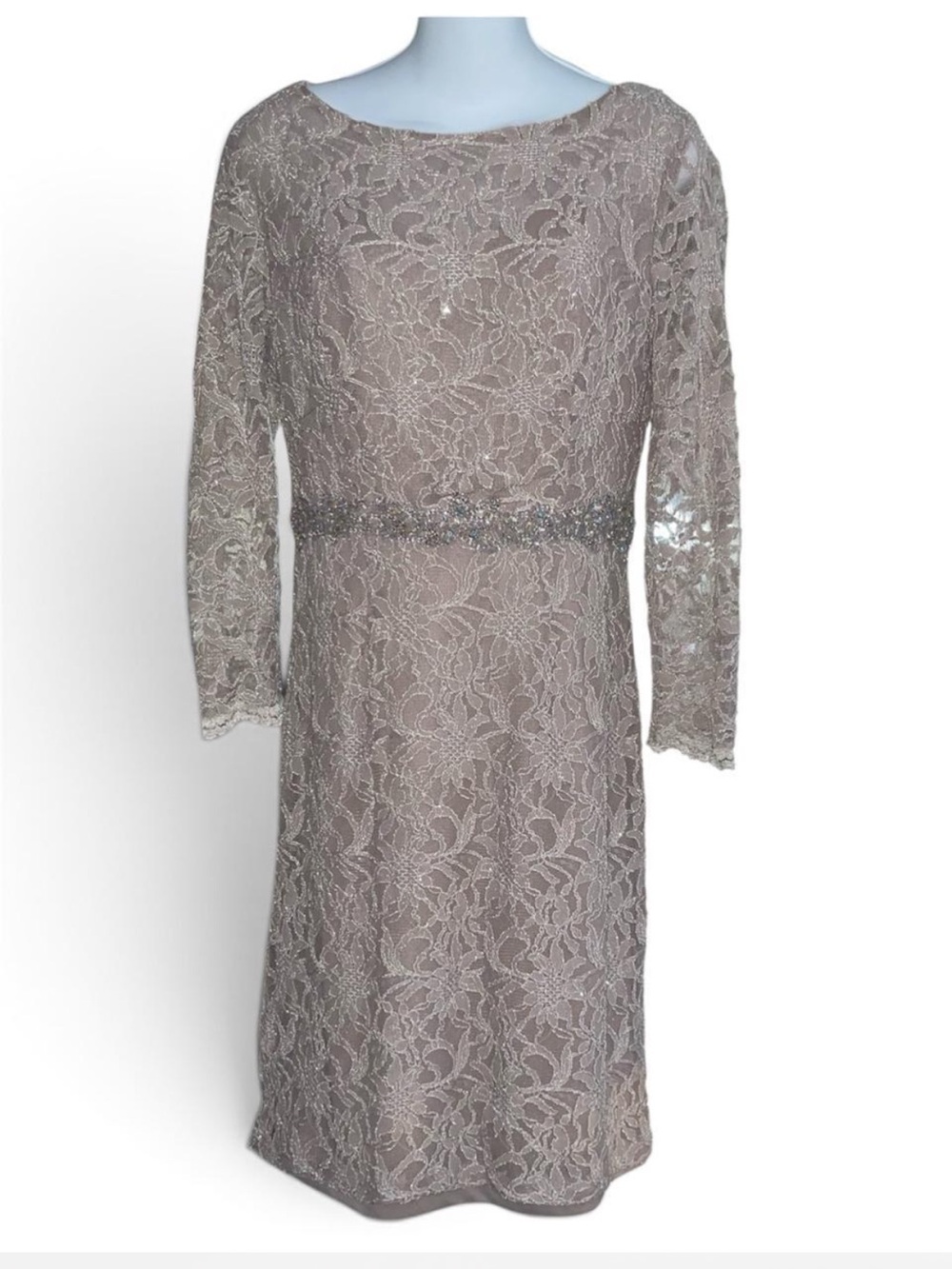 Jackie Jon Glitter Lace Cocktail Dress Beaded Waist Taupe Size 8 Mother Of Bride